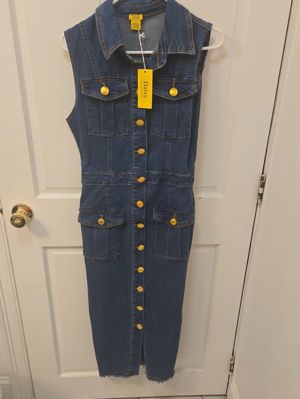 Daisy Dark Blue Denim Button-Front Midi Dress with Gold Buttons